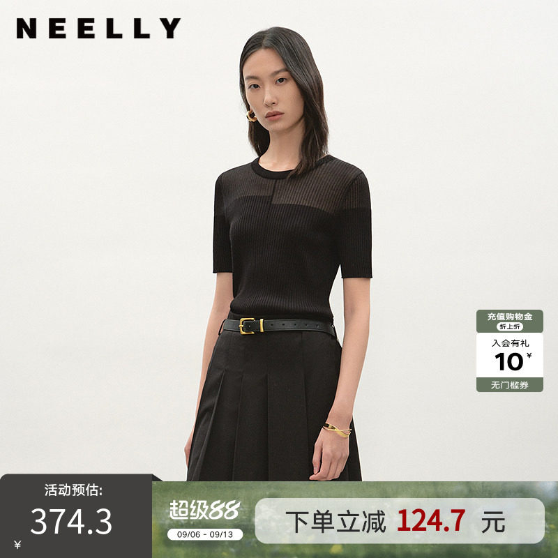NEELLY纳俪商场同款夏新款圆领个性坑条针织衫女百搭修身显瘦毛衣