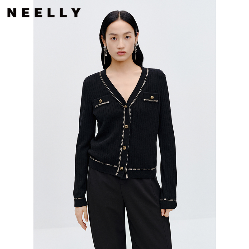 NEELLY纳俪小香风羊毛针织衫秋冬新款 v领长袖精致舒适上衣女外套