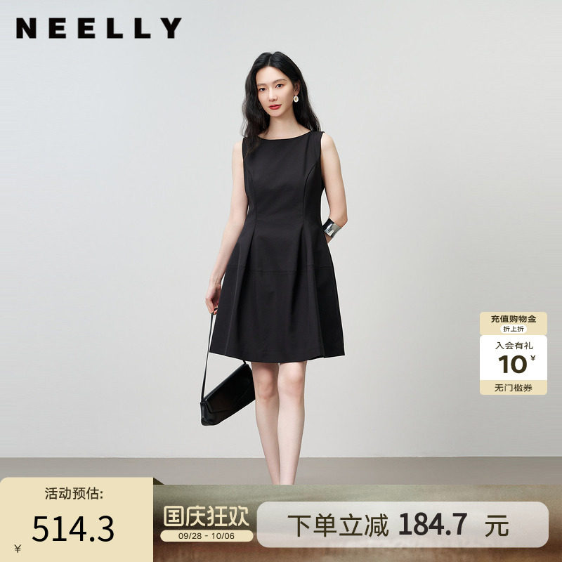 NEELLY纳俪商场同款夏新款无袖收腰小黑裙女赫本风小个子A字长裙