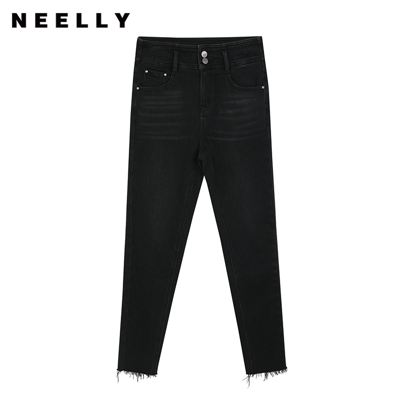 NEELLY纳俪商场同款冬新款简约显瘦小脚牛仔裤女毛边休闲紧身长裤