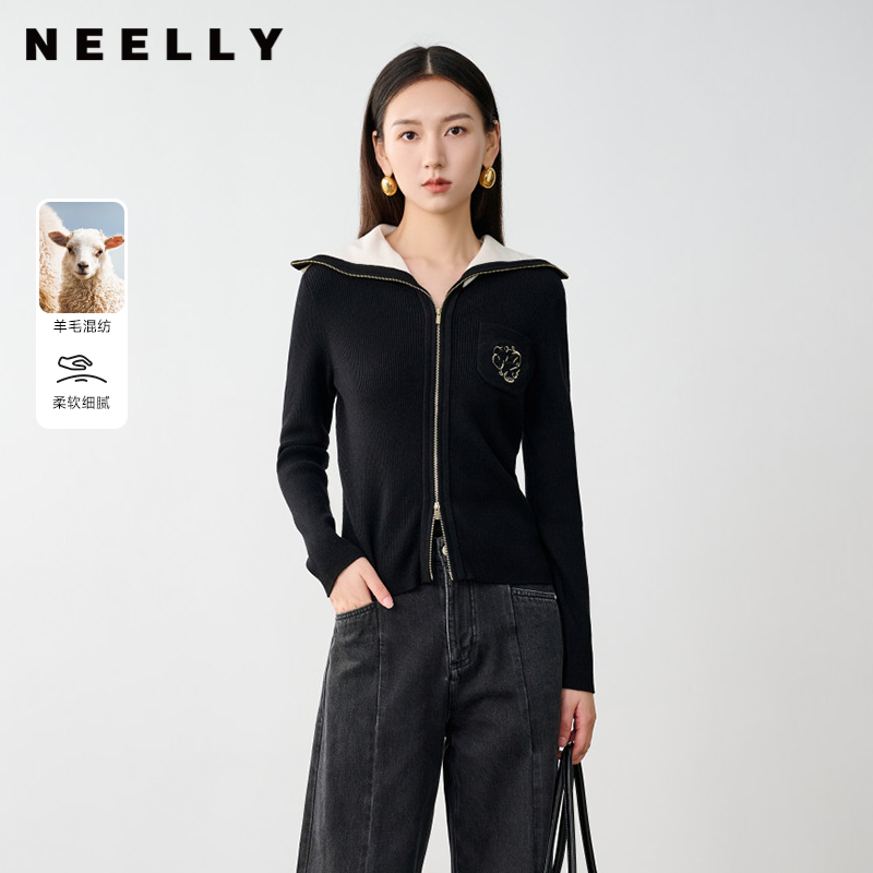 NEELLY纳俪商场同款冬季新款学院风翻领羊毛针织开衫女显瘦毛衣