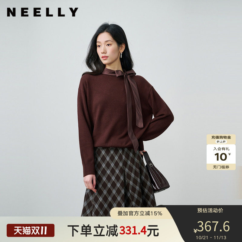 NEELLY纳俪商场秋冬新款复古棕色飘带针织衫女休闲摩登减龄上衣