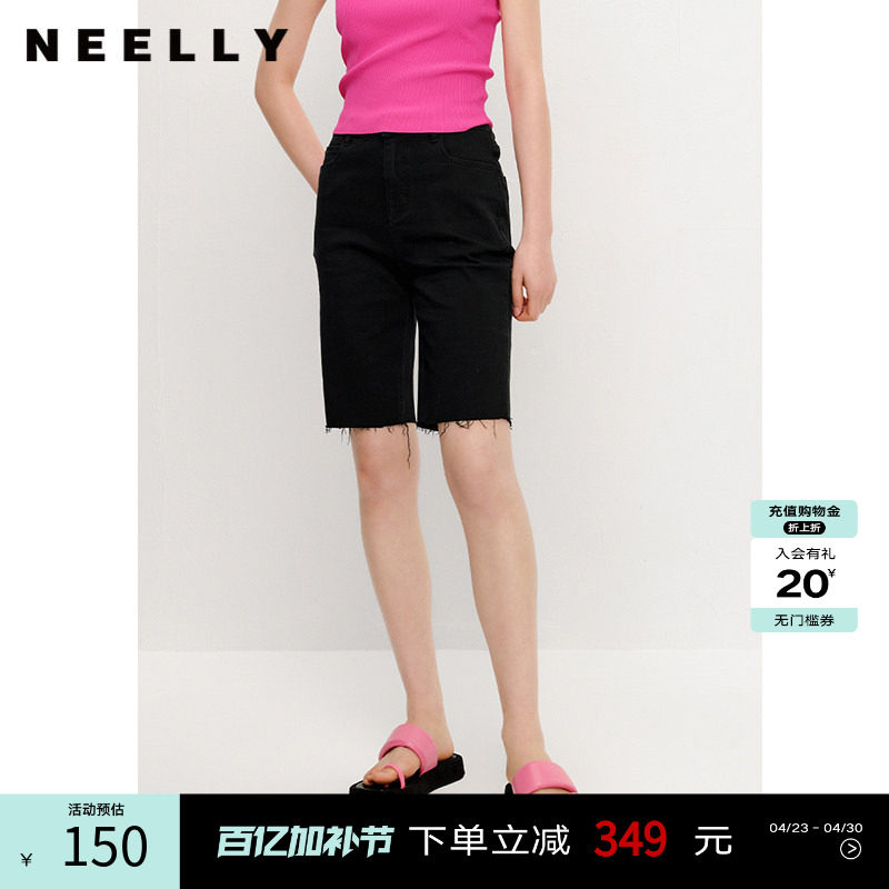 NEELLY纳俪商场同款黑色五分牛仔短裤女夏季薄款显瘦毛边骑行裤