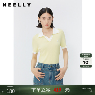 NEELLY纳俪商场同款 撞色显瘦翻领短袖 针织女V领五分袖 上衣 夏新款