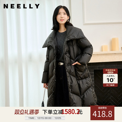 NEELLY纳俪商场同款冬季新款大翻领90%鸭绒中长款保暖羽绒服女