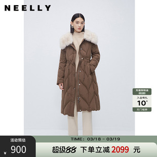 NEELLY纳俪商场同款冬新款狐狸毛领羽绒服气质收腰中长款羽绒大衣