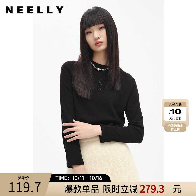 NEELLY纳俪商场同款半高领黑色套头衫女含羊毛新款刺绣内搭针织衫