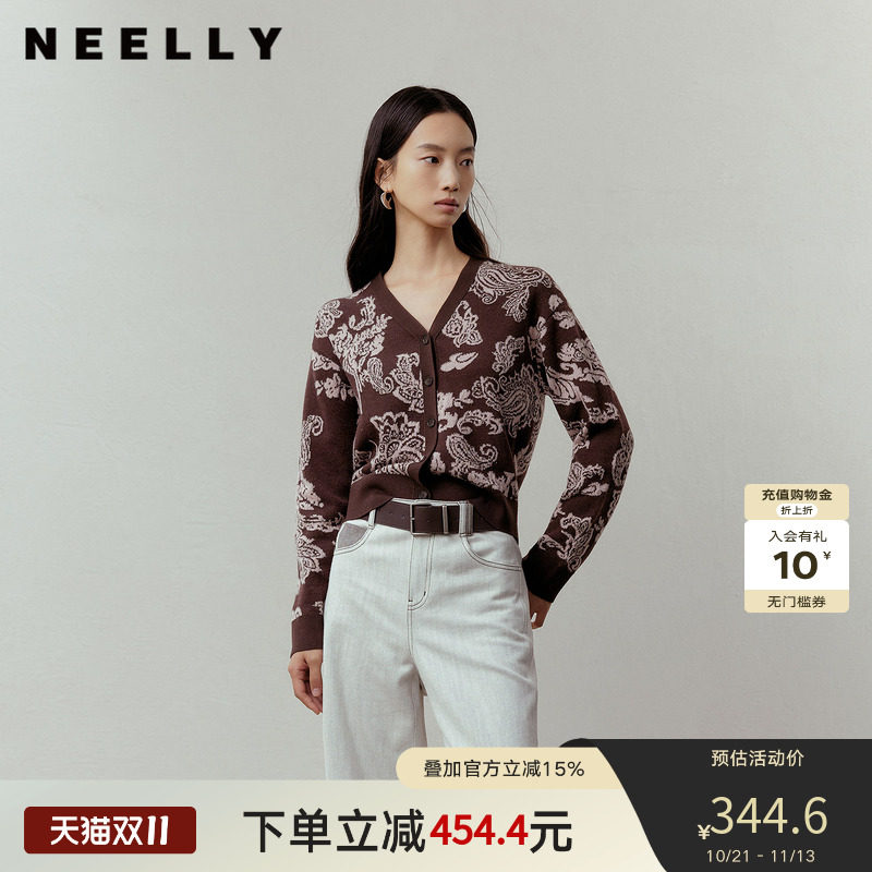 NEELLY纳俪商场同款春季新款复古V领花纹针织开衫女慵懒休闲上衣