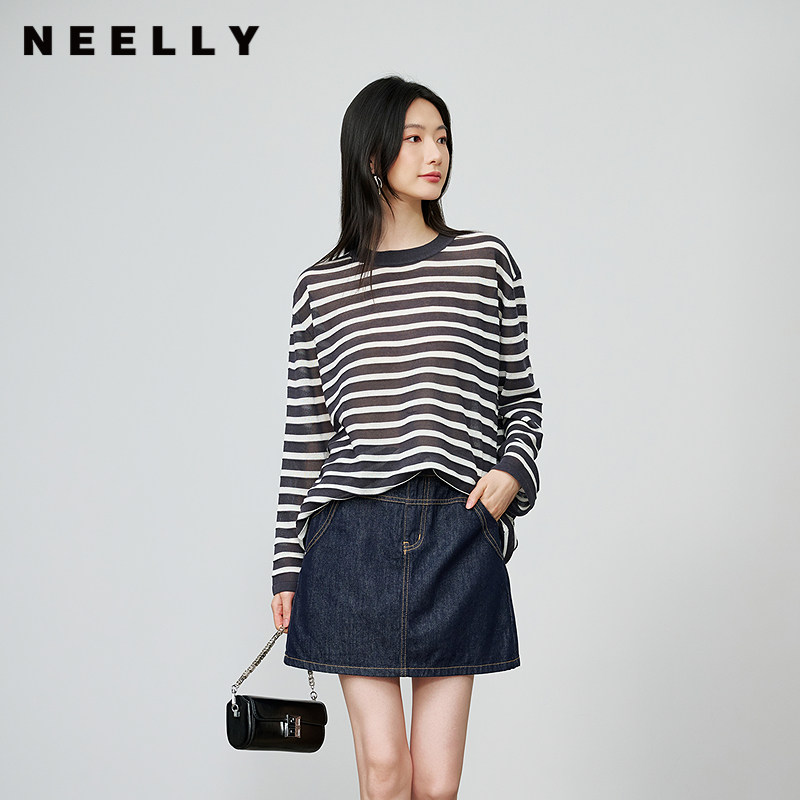 NEELLY纳俪商场同款秋季新款时尚圆领条纹T恤女宽松舒适针织衫