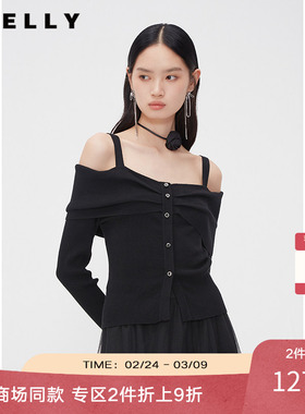 NEELLY纳俪商场同款春秋纯欲风一字领吊带上衣女黑色套头显瘦针织
