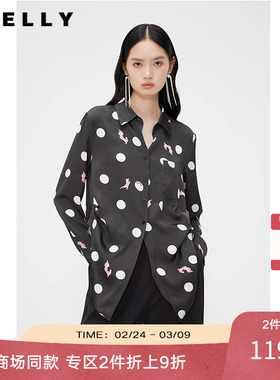 NEELLY纳俪商场同款春秋复古波点衬衫女黑色两侧捏褶显瘦设计上衣