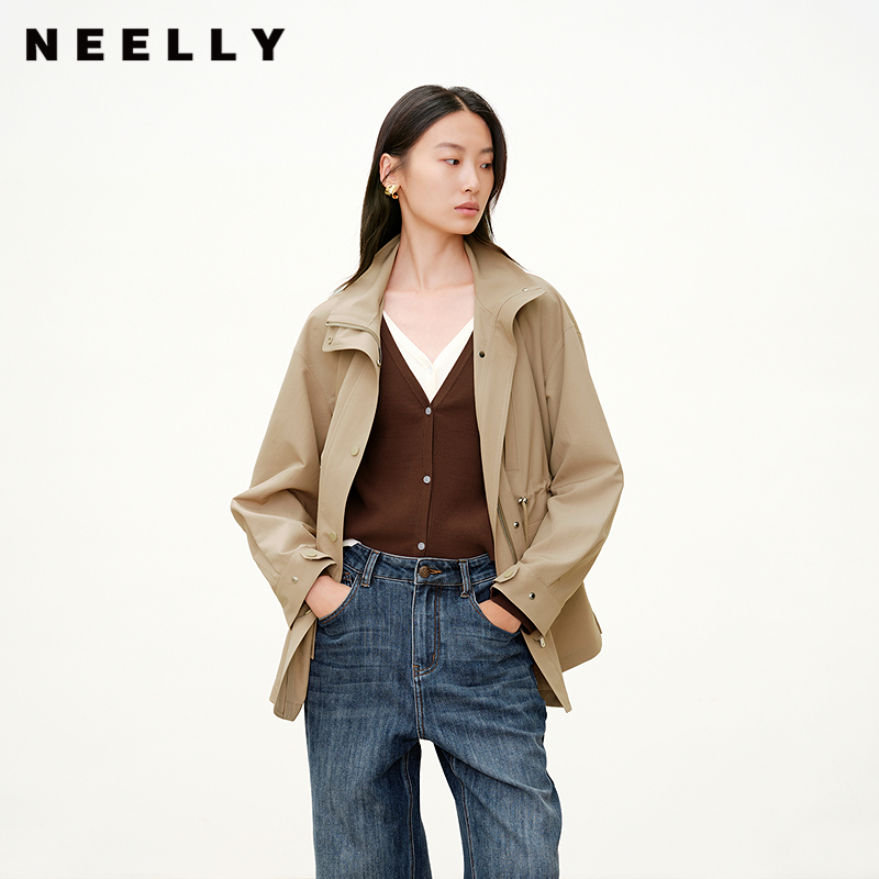 NEELLY纳俪商场同款秋季新款时尚立领工装休闲风衣女通勤简约外套