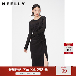 开叉长袖 黑色抽褶显瘦连衣裙女修身 长裙 秋新款 NEELLY纳俪商场同款