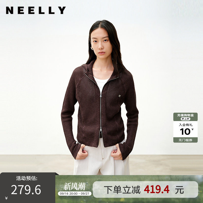 NEELLY纳俪商场同款春秋新款休闲简约针织衫女百搭舒适短款开衫