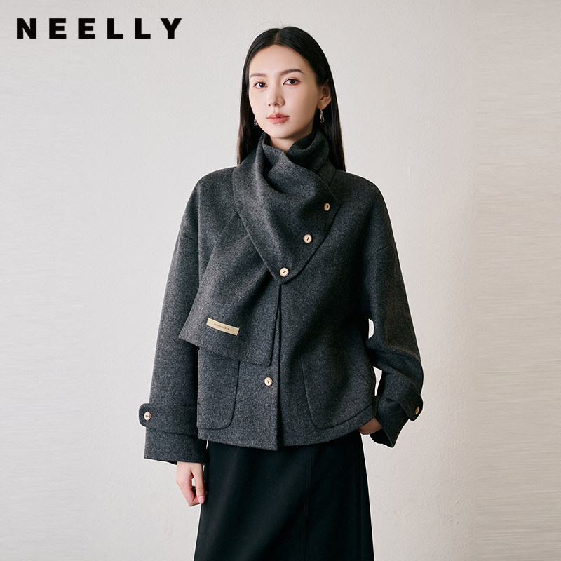 NEELLY纳俪商场同款冬季新款围巾领气质毛呢外套女休闲宽松短上衣