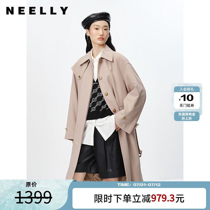 NEELLY纳俪商场同款风衣女中长款小翻领单排扣外套收腰系带大衣
