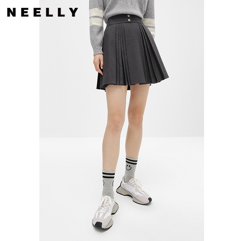 NEELLY纳俪商场同款高腰半身裙女韩系百褶裙新款A字裙时尚短裙潮