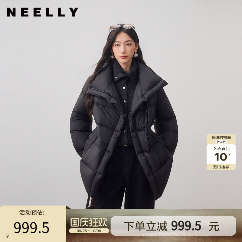 NEELLY纳俪商场同款冬季新款简约腰绳款保暖羽绒服女90白鸭绒外套