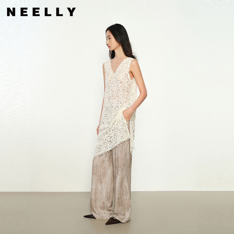 NEELLY纳俪商场同款秋新款蕾丝设计感无袖吊带连衣裙女舒适上衣