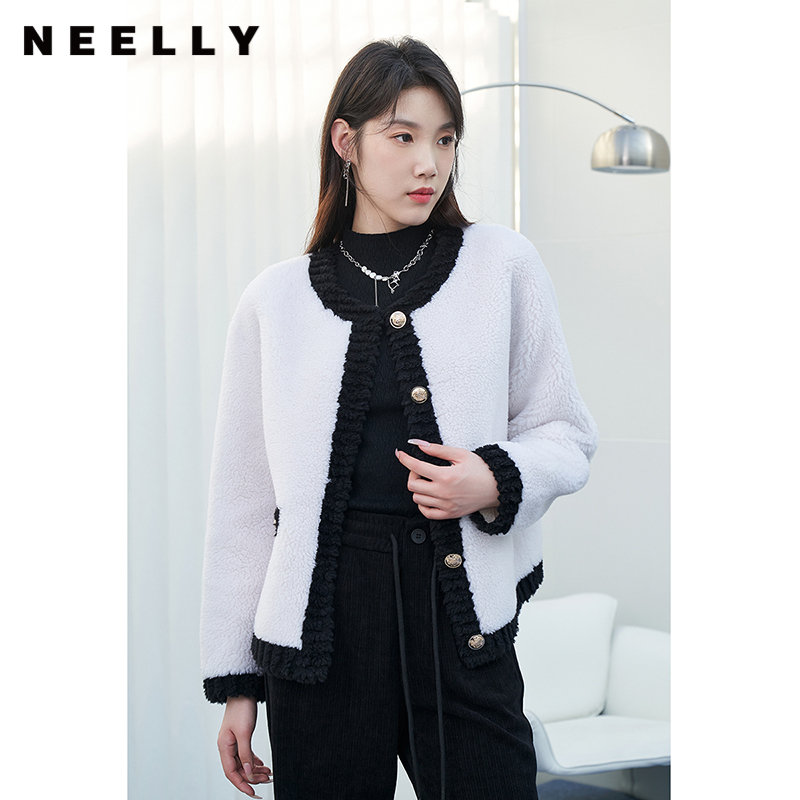 NEELLY纳俪商场同款黑白撞色圆领短款外套女小金扣含羊毛上衣保暖