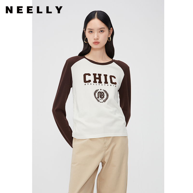 NEELLY纳俪商场同款美式复古长袖T恤女拼色圆领修身显瘦百搭上衣