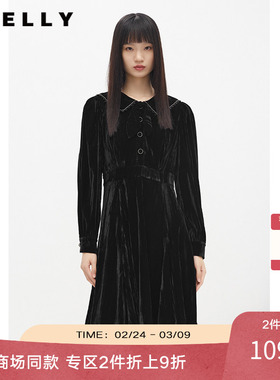 NEELLY纳俪商场同款黑色丝绒连衣裙女中长款收腰A字裙摆百搭时尚