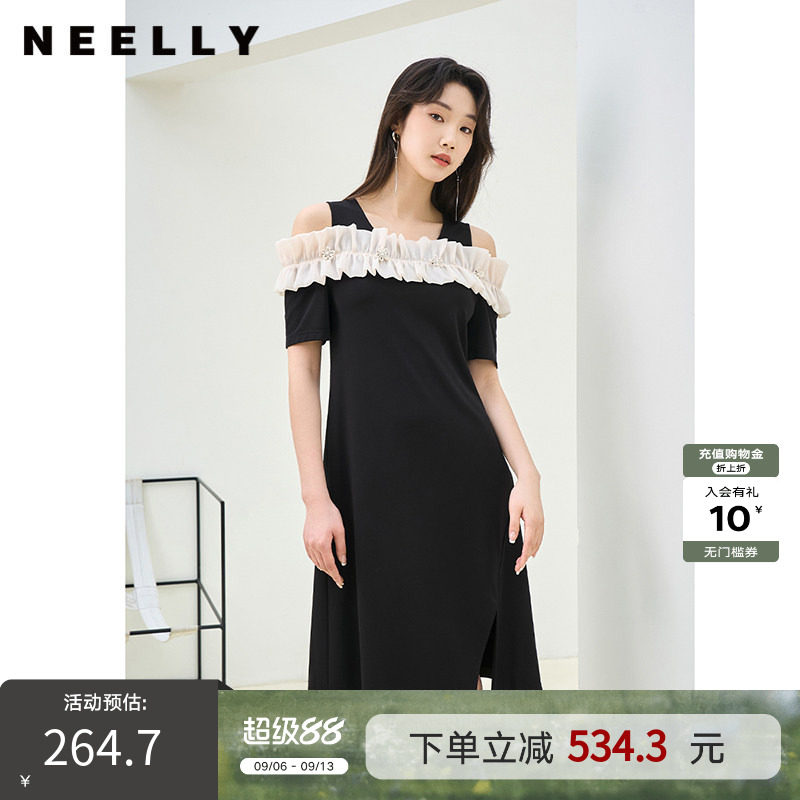 NEELLY纳俪商场同款夏季新款黑色法式露肩设计感连衣裙女显瘦长裙