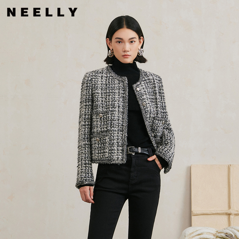 NEELLY纳俪商场同款冬季新款粗花呢小香风羊毛混纺正肩短外套女