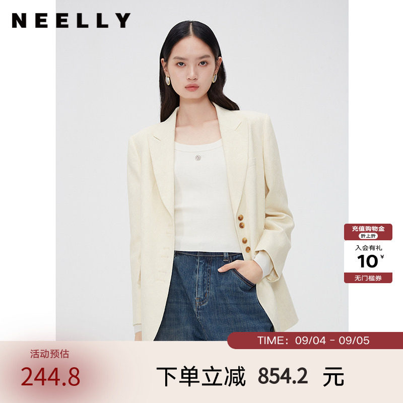 NEELLY纳俪商场同款春秋新款重工提花西装外套女单排扣通勤短上衣