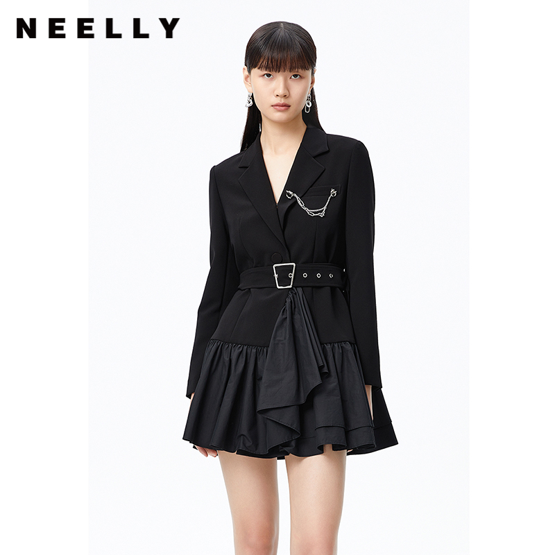 NEELLY纳俪商场同款春季西装连衣裙女收腰系带中长款拼接A字裙潮