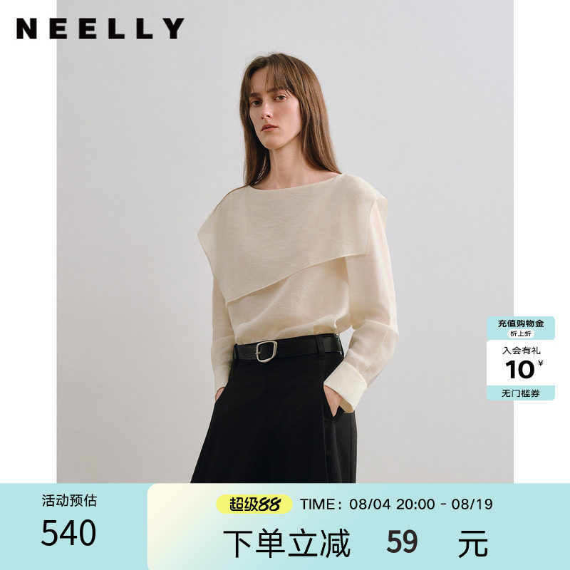 NEELLY纳俪商场同款秋季新款一字斜翻领衬衫女知性极简风流动上衣