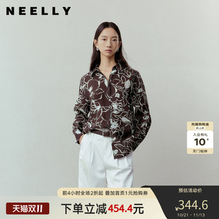 NEELLY纳俪商场同款春季新款复古植物印花衬衫女个性宽松休闲外套