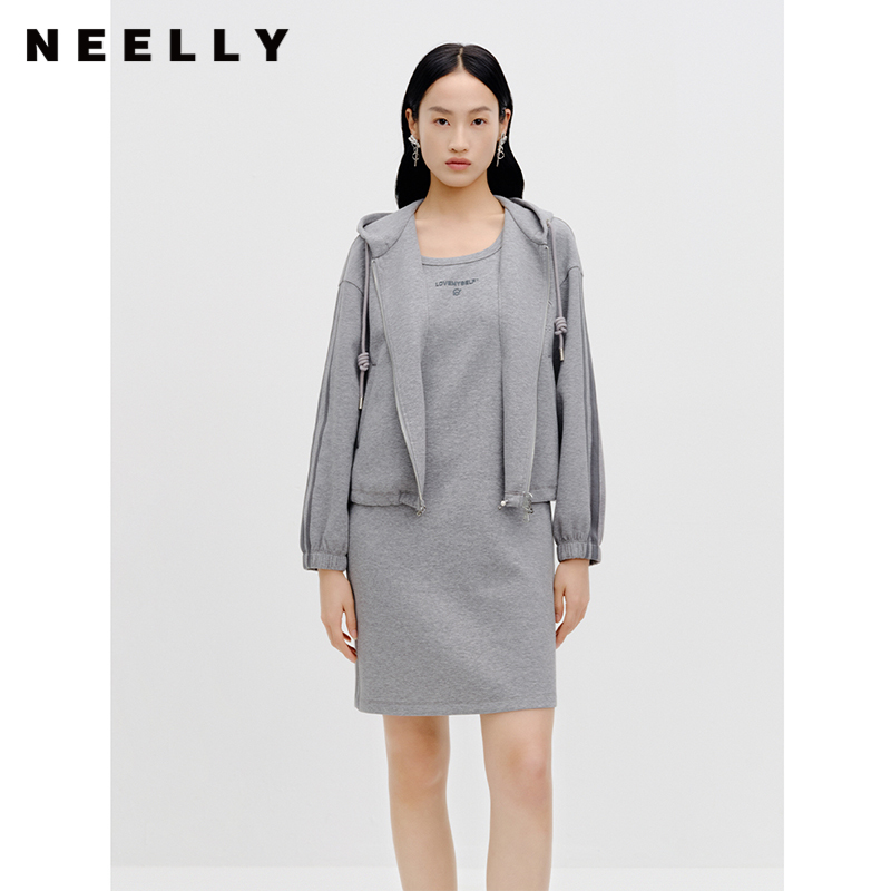 NEELLY纳俪商场同款时尚套装女休闲连帽外套新款灰色连衣裙两件套