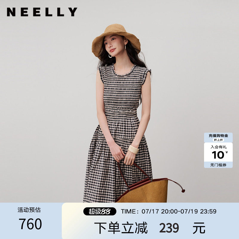 NEELLY纳俪商场同款夏新款复古黑白格连衣裙女无袖修身木耳边长裙