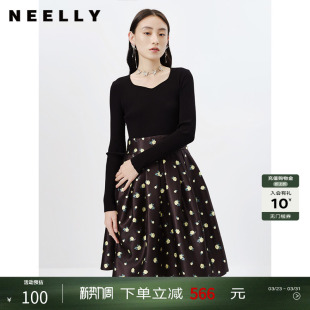 NEELLY纳俪春秋新款针织拼接连衣裙女韩版碎花A字中长款打底裙