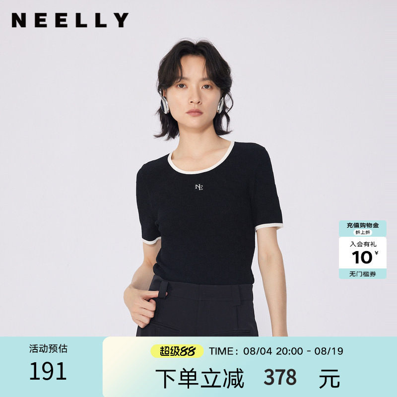 NEELLY纳俪商场同款春秋新款修身圆领短袖针织衫女简约百搭上衣