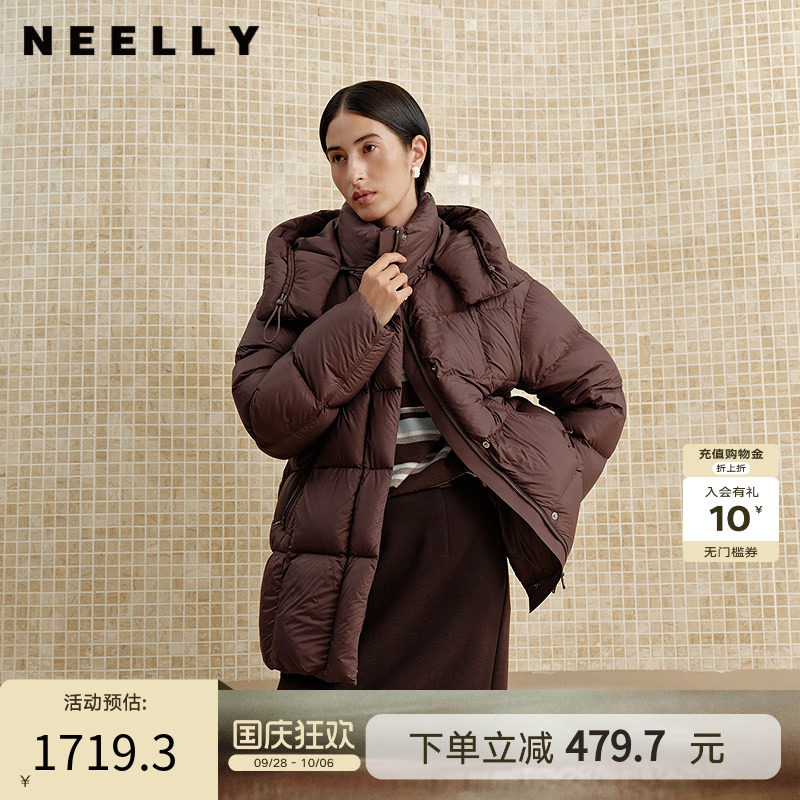 NEELLY纳俪商场同款冬季新款宽松直筒羽绒服女白鸭绒法式保暖外套