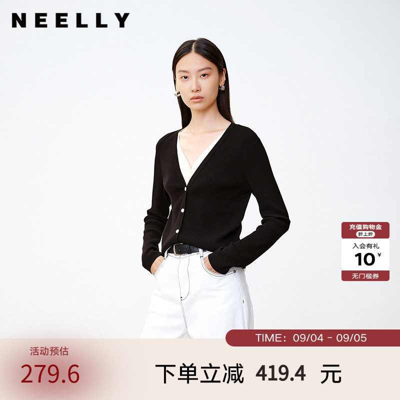 NEELLY纳俪商场同款秋冬新款撞色假两件V领针织衫女软糯舒适上衣