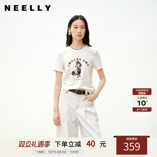NEELLY纳俪商场同款秋新款圆领卡通印花短袖T恤女正肩趣味感上衣
