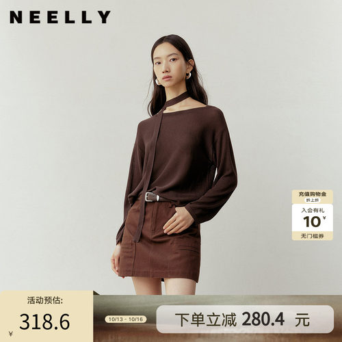 NEELLY纳俪商场同款秋新款复古挂脖飘带针织衫女休闲慵懒随性上衣