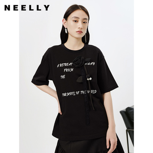 设计感小众黑色T恤女字母印花纯棉短袖 NEELLY纳俪商场同款 上衣