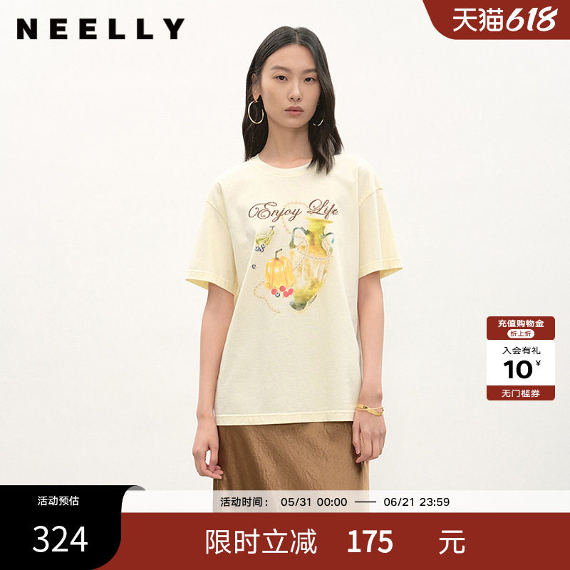 NEELLY纳俪商场同款夏季新款趣味舒适T恤女字母印花减龄纯棉上衣