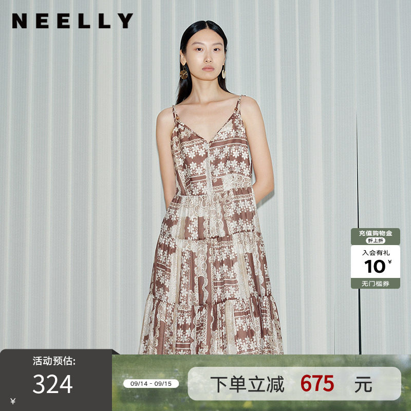NEELLY纳俪商场同款春新款气质印花吊带连衣裙女中长款收腰A字裙图片