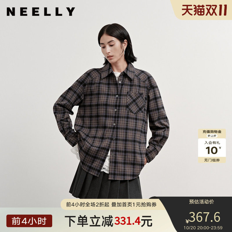NEELLY纳俪商场同款冬季新款复古宽松格纹衬衫女韩版百搭短衬衣