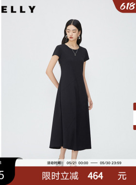 NEELLY纳俪商场同款黑色纯棉短袖连衣裙女法式修身显瘦休闲中长裙