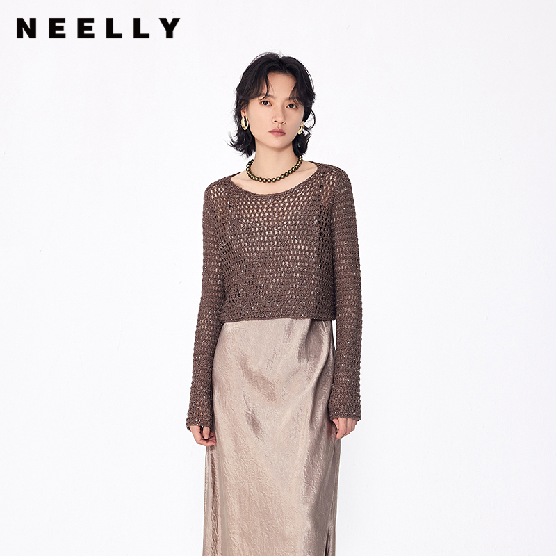 NEELLY纳俪商场同款秋冬新款镂空罩衫宽松通勤短款针织衫上衣女