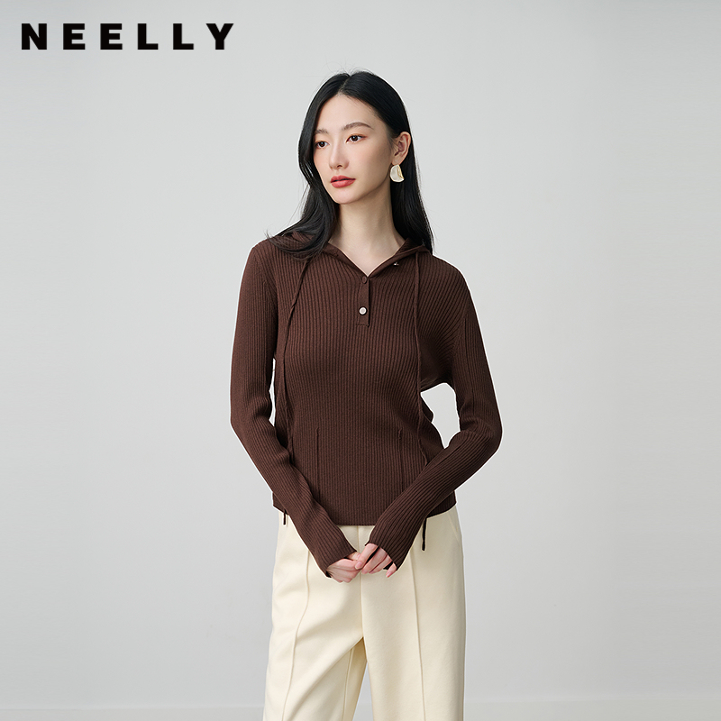 NEELLY纳俪商场同款冬季新款通勤风羊毛衫女连帽针织衫肌理感毛衣