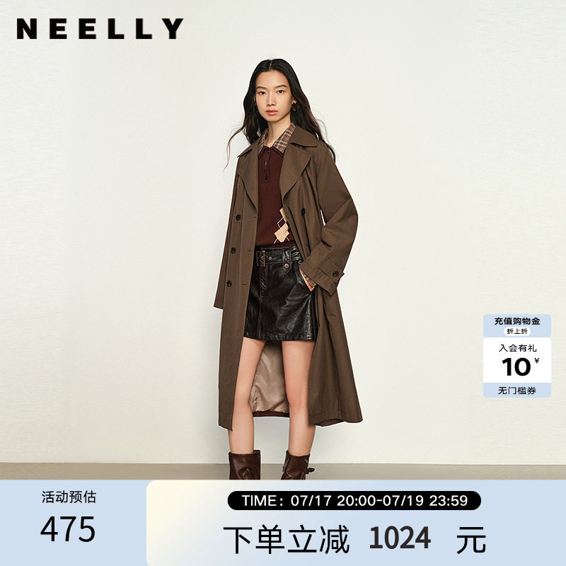 NEELLY纳俪商场同款夏新款休闲双排扣风衣女长款收腰通勤百搭外套