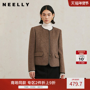 NEELLY纳俪商场同款冬新款复古棕色圆领羊毛混纺外套女优雅上衣