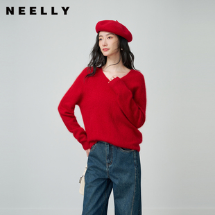 NEELLY纳俪春新款气质V领软糯羊毛红色针织衫女亲肤显白套头毛衣